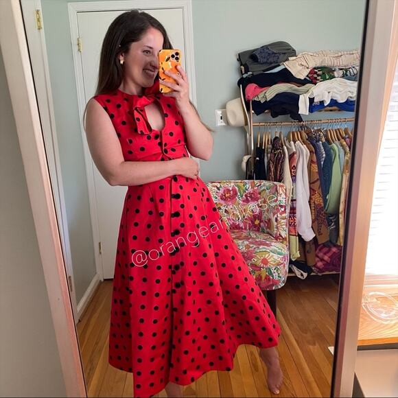 MARIANNA SENCHINA Red Black Polkadot Runway Midi Dress XS - Picture 2 of 16